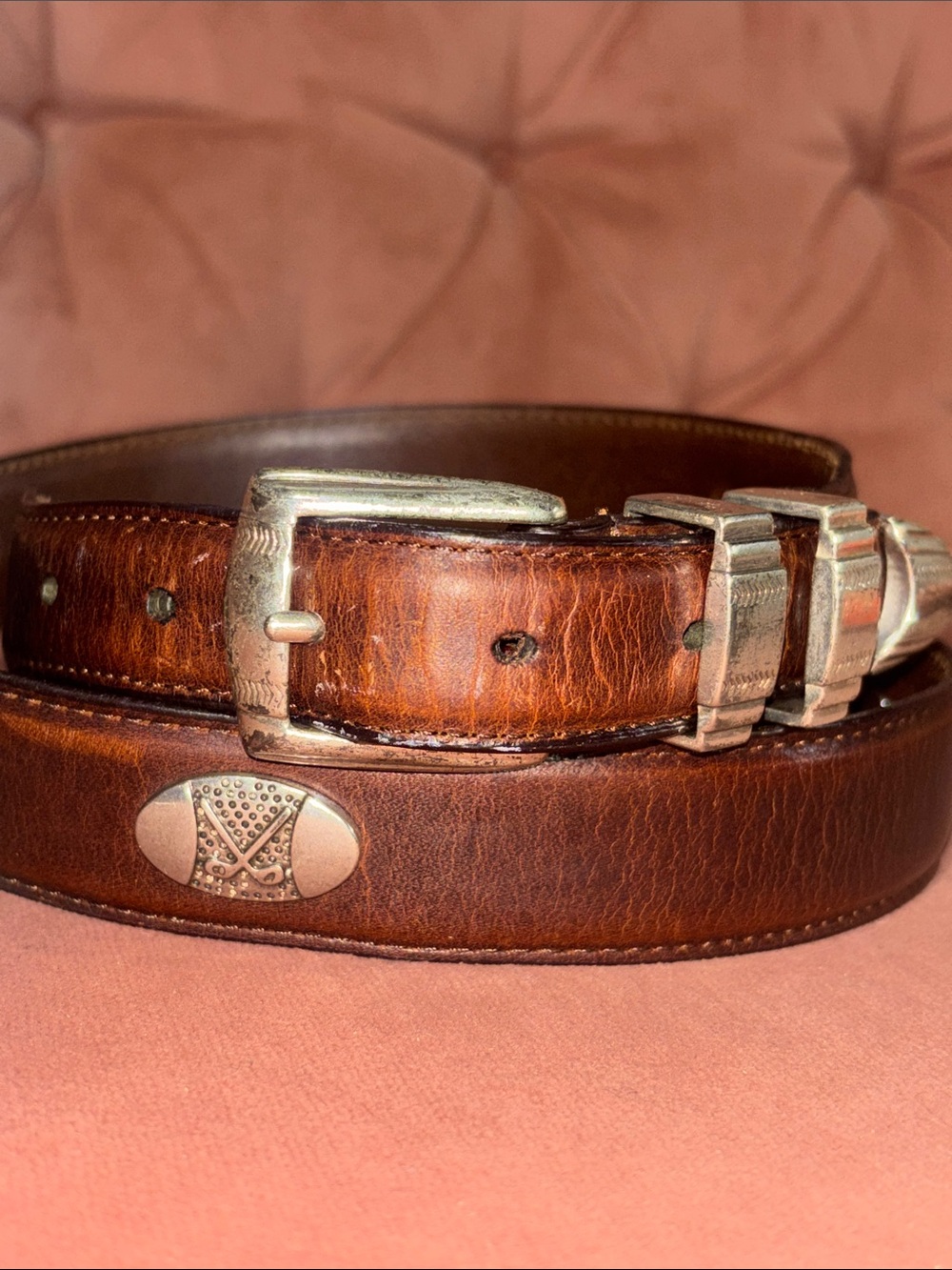 Vintage Danbury brown leather belt golf club concho preppy silver buckle belt